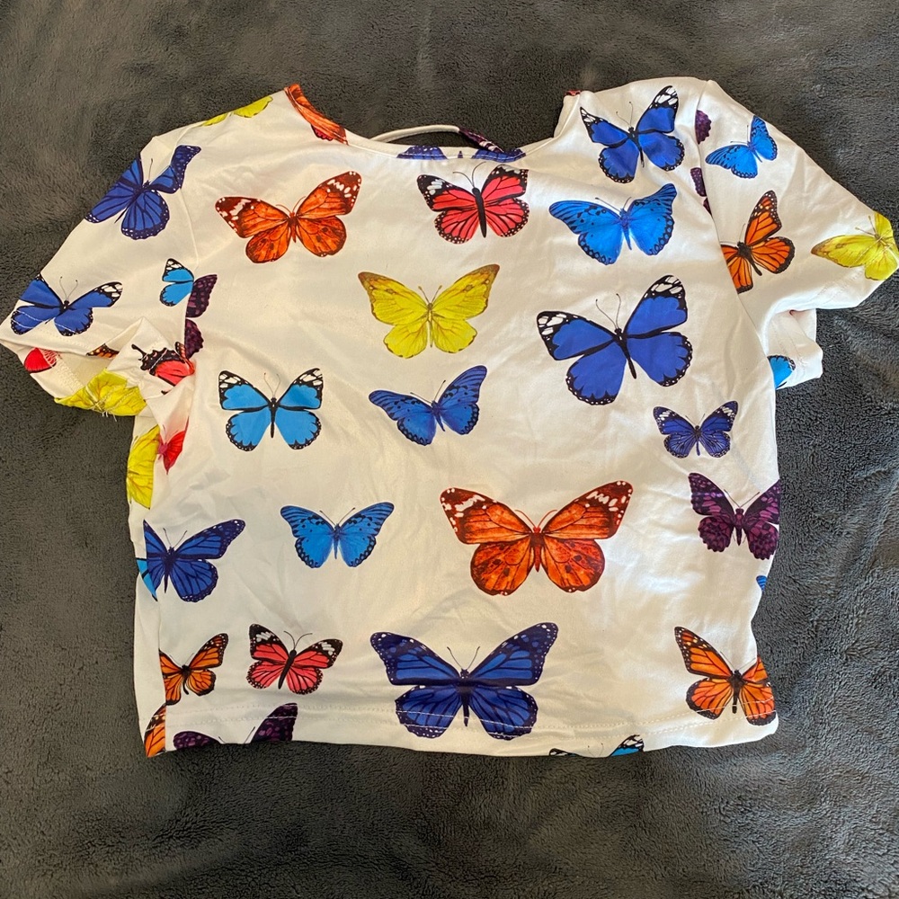 SHEIN Butterfly Print Blue and Orange Blouse
